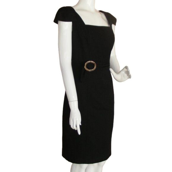DAVID MEISTER Dress, 12, Black, Cap sleeves, back zip, Faux Leopard buckle Tweed - Picture 2 of 10